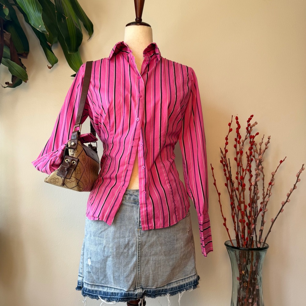 Metrostyle Pink Striped  Button Down Shirt 90s RomCom twee office siren Size 6